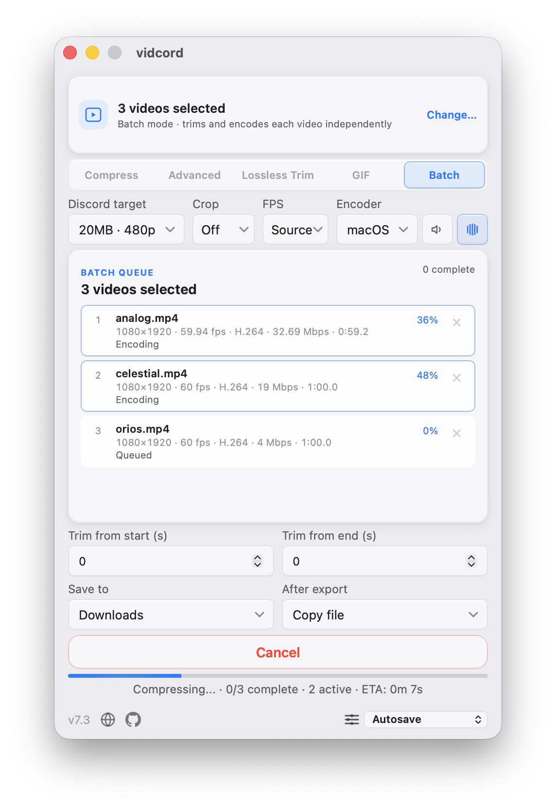 vidcord Batch mode with a multi-video queue, per-file status, and aggregate compression progress