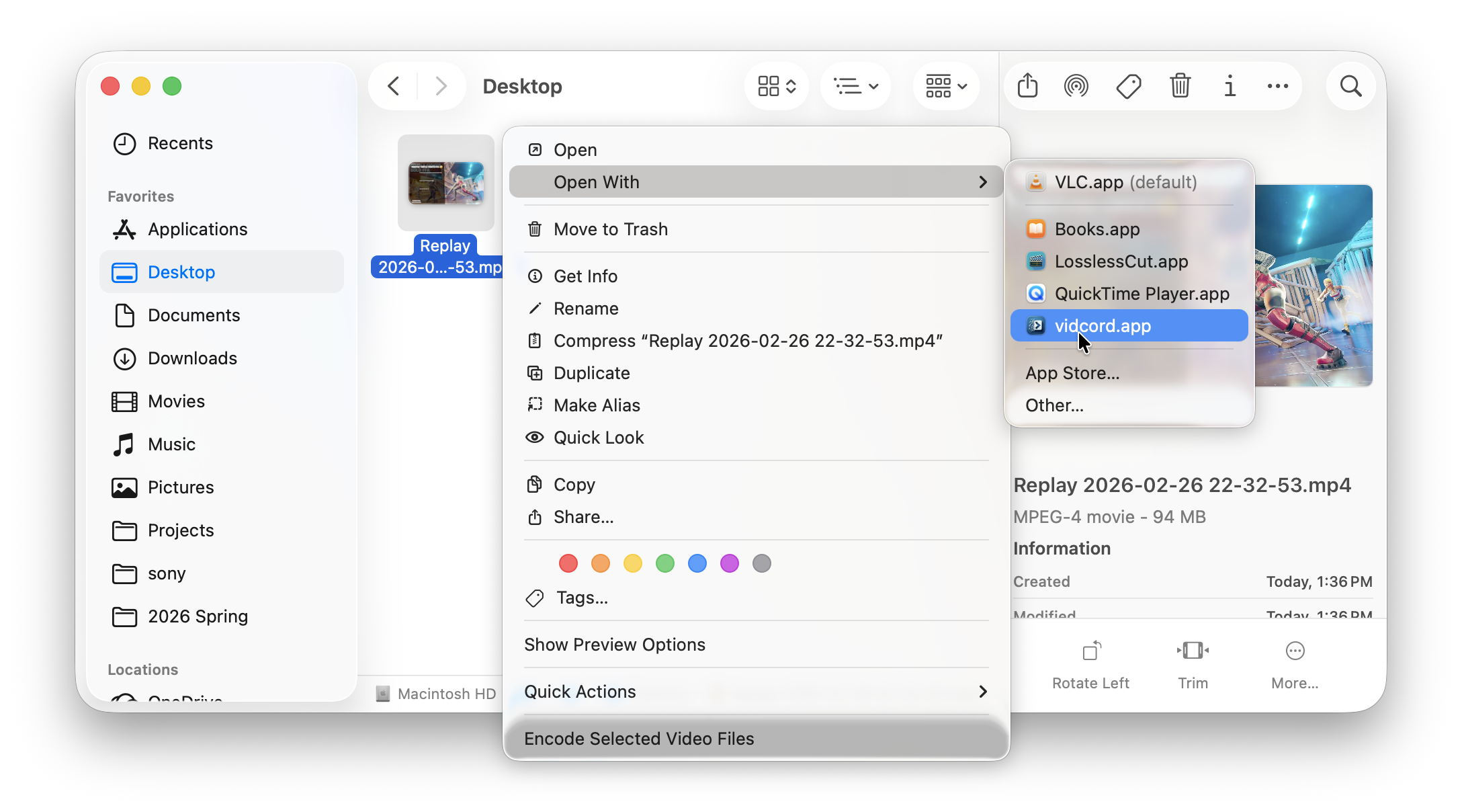 macOS Finder Open With menu showing vidcord for a video file