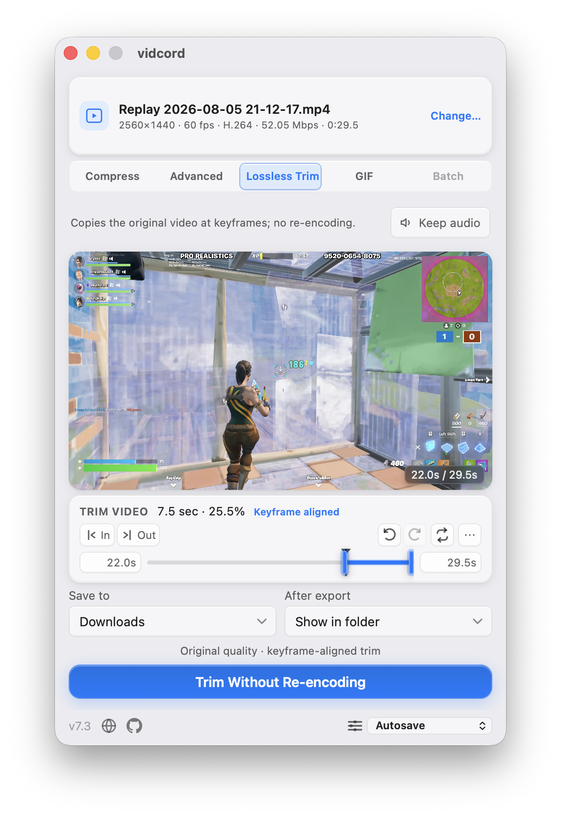 vidcord Lossless Trim mode with keyframe-aligned trim controls and no video re-encoding